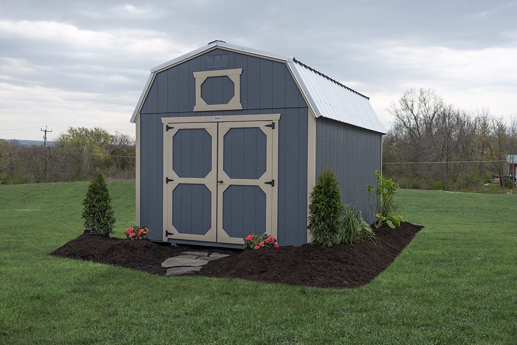 Backyard shed with landscaping